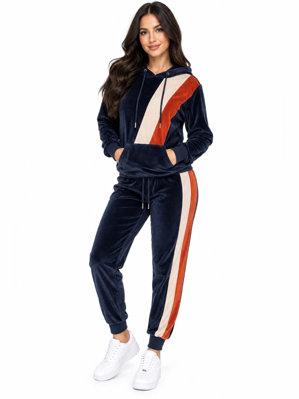 Fashion Nova Navy Velour Colorblock Hooded Tracksuit Jogger Set Size L